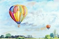 Watercolor landscape painting colorful of tourism in balloon