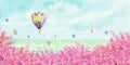 Watercolor landscape painting of hot air balloon and cherry blossom tree Royalty Free Stock Photo