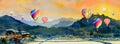 Watercolor landscape painting of hot air balloon, mountain and cornfield