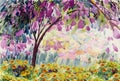 Watercolor landscape painting panorama colorful of field of daisies natural beauty flowers