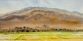 Watercolor landscape painting panorama colorful of mountain range beautiful field trees and farm forest