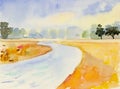 Watercolor landscape painting panorama view colorful of river