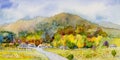 Watercolor landscape painting on paper colorful of Village and flower, yellow leaf tree, field farm in mountain Royalty Free Stock Photo