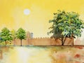 Watercolor landscape painting of sun in morning and trees Royalty Free Stock Photo