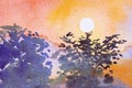 Watercolor landscape painting of sunset above the tree.