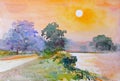 Watercolor landscape painting of sunset near the marsh at countryside.