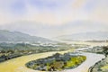 Watercolor landscape painting top view colorful of Mekong River