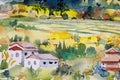 Watercolor landscape painting  of Village and rice field in farm Royalty Free Stock Photo