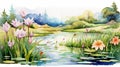 Watercolor Landscape Painting With Water Lilies And Flowers