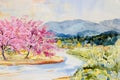 Watercolor landscape painting wild himalayan cherry riverside Royalty Free Stock Photo