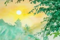 Watercolor landscape painting yellow, orange color of sunrise.