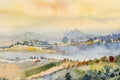 Watercolor landscape paintings colorful mountain range and sky