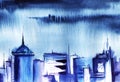 Watercolor landscape. Panorama of city in the rain. Stormy dark sky streams of rain. The silhouette of the metropolis. The picture