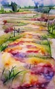 Watercolor landscape - a path through the fields