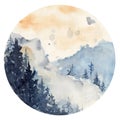 Watercolor landscape with pine and fir trees and mountains abstract nature background