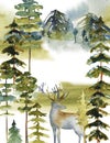 Watercolor landscape with pine trees, mountains, fog and deer silhouette Royalty Free Stock Photo