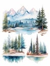 Watercolor landscape with pine trees, mountains and lake. Hand drawn illustration. Generative AI Royalty Free Stock Photo