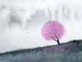 Watercolor landscape pink trees cherry blossom or sakura leaf falling to the wind in mountain hill with meadow field. traditional