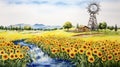 Watercolor Landscape: Quaint Windmill, Sunflowers, And Waterfall