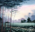 Watercolor landscape. A quiet summer evening in a pine forest Royalty Free Stock Photo
