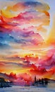 Watercolor landscape - rising sun