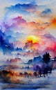 Watercolor landscape - rising sun