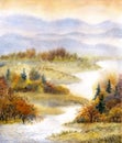 Watercolor landscape. River in the autumn forest Royalty Free Stock Photo