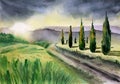 Watercolor landscape with a road lined with tall cypresses