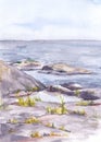 Watercolor landscape with rocky shore of sea or lake