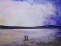 Watercolor silhouette landscape romantic sea sunset couple in love holding hands looking the sky.