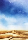 Watercolor landscape of sand dunes in vast desert. Beautiful rocks and yellow sand desert beneath bright blue sky with soft white