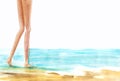 Watercolor landscape of sandy seashore of azure ocean with standing bare tanned female legs. Hand drawn brush stroke summer Royalty Free Stock Photo