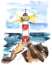Watercolor landscape of sharp rocks with illuminating lighthouse on top. Rocky semi-island with narrow winding road leading to red