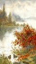 Watercolor landscape. Sketch of the autumn lake Royalty Free Stock Photo