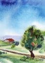 Watercolor landscape of southern suburbs with blooming trees and cozy red-roofed houses drowning in greenery. Lush vegetation,