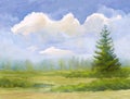 Watercolor landscape with spruce tree, park background