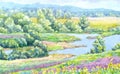 Watercolor landscape. Summer river in the meadows of the valley