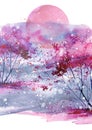 Watercolor landscape. silhouette of the forest. Art painting