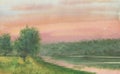 Watercolor landscape of sunset over riverside on summer day