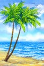 Watercolor landscape. Tall palms on a sandy beach