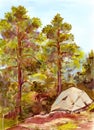 Watercolor landscape with tourists tent - camping in forest