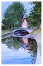 Watercolor landscape with a tower, reflection in the water and trees.
