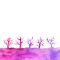 Watercolor landscape with trees. Border with trees silhouette.