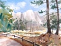 Watercolor Landscape with Trees River and Mountains on the Background Hand Painted Illustration