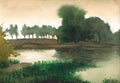 Watercolor landscape. Trees on the shore of quiet lake