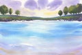 Watercolor landscape with trees, sky, clouds, blue lake or river with waves handmade painting