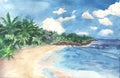 Watercolor landscape of tropical beach and palms