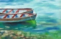 Watercolor landscape two boats on the water. Royalty Free Stock Photo