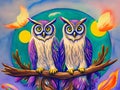 Watercolor landscape with two owls perched on a branch.