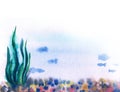 Watercolor landscape of undersea life. Thick, green algae growing on colorful rocky bottom, blurry blue silhouettes of fish